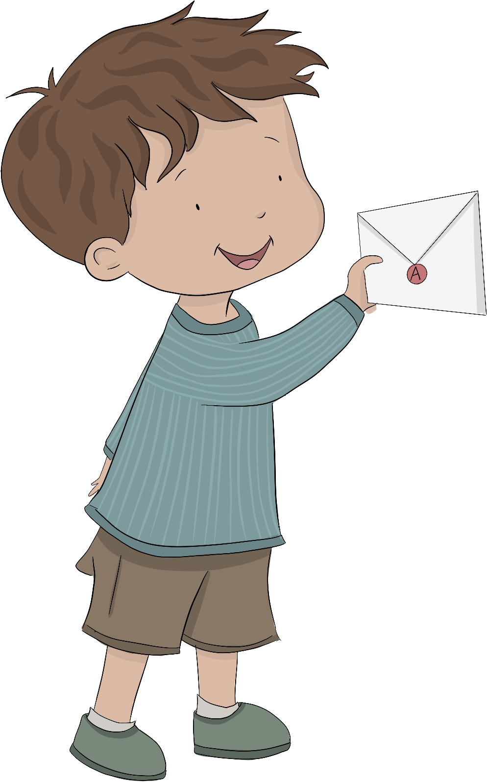 A drawing of a boy offering out a letter.