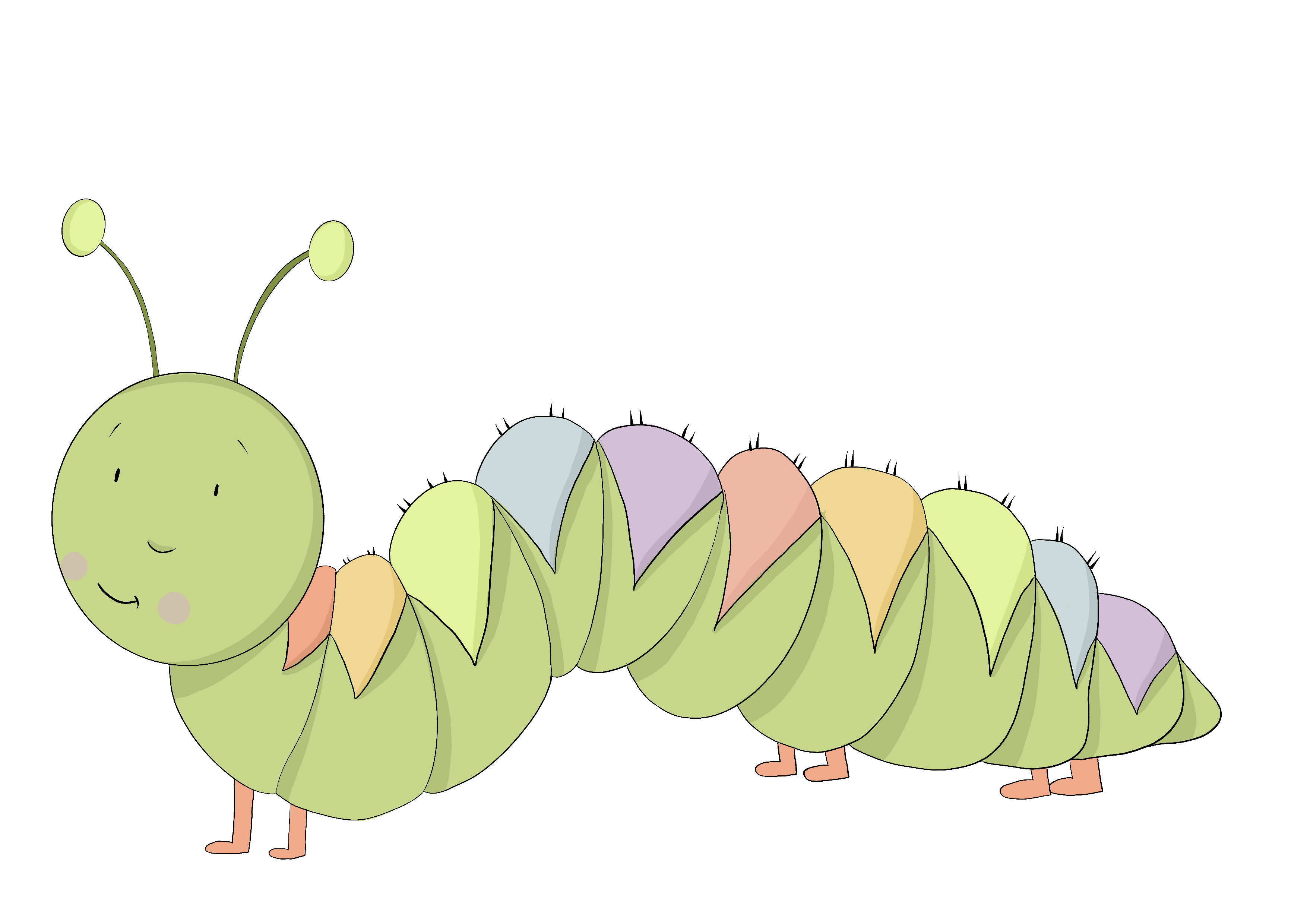 A drawing of a colorful caterpillar rests at the bottom of the page.