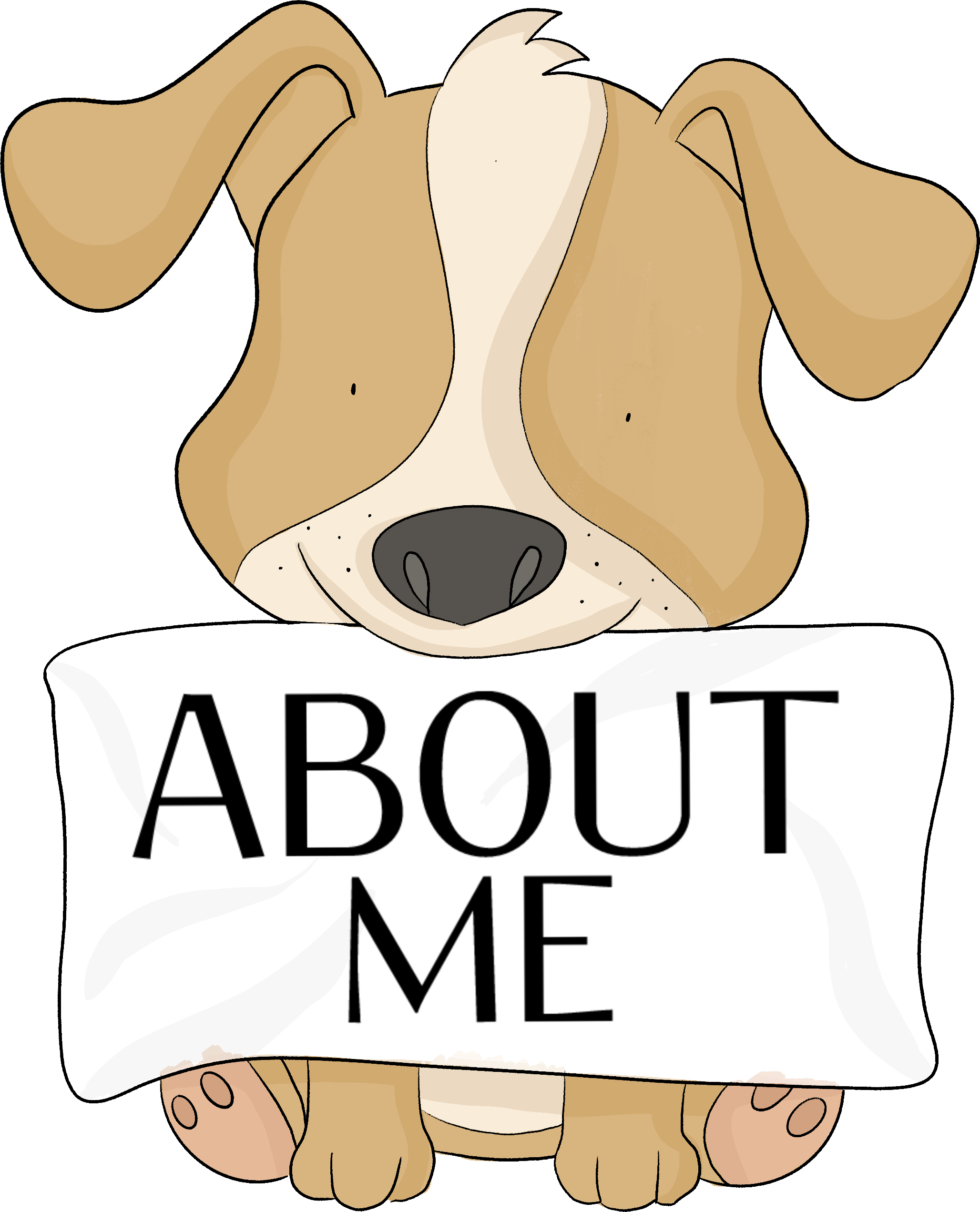 A drawing of a dog holding a sign in it's mouth. The sign says 'ABOUT ME'. This link will take you to the about me page.