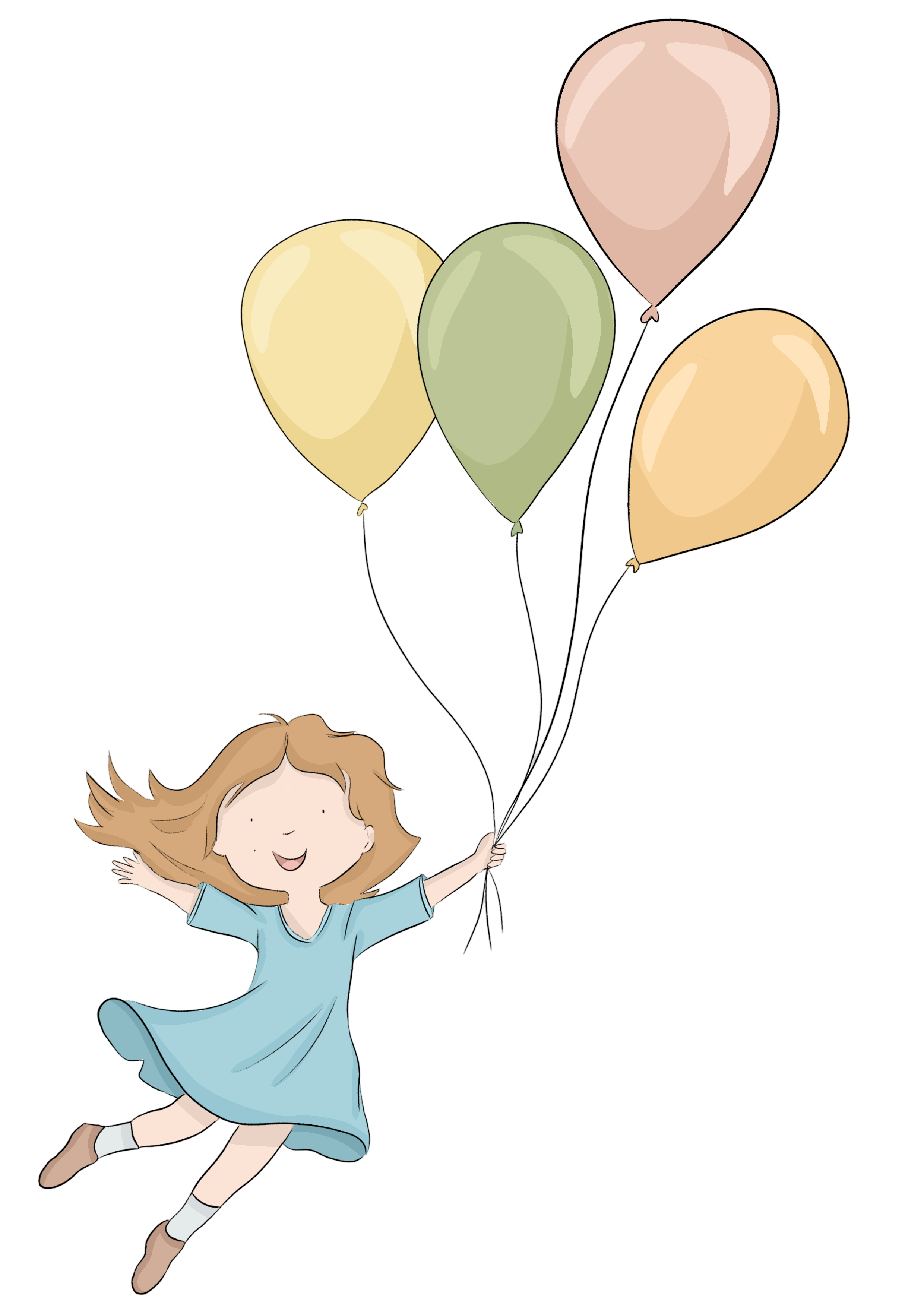 A drawing of a girl floating in the air, kept aloft by the bunch of balloons in her hand.