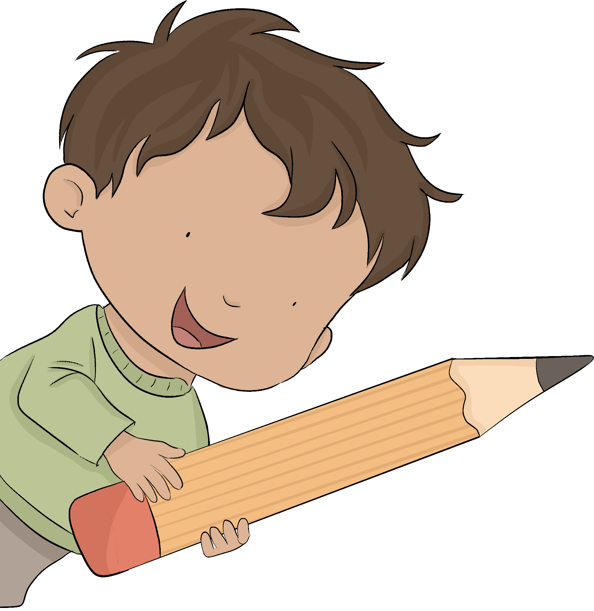 A drawing of a boy holding a large pencil. He's leaining in from the side of the website