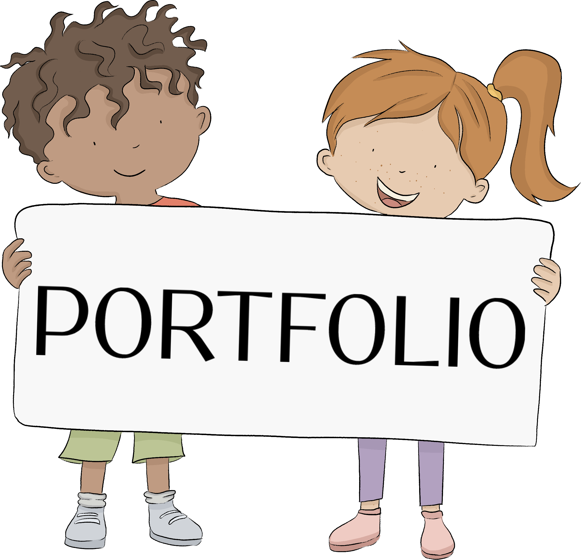 Two kids hold a sign that reads 'PORTFOLIO'. Clicking here goes to the portfolio page.