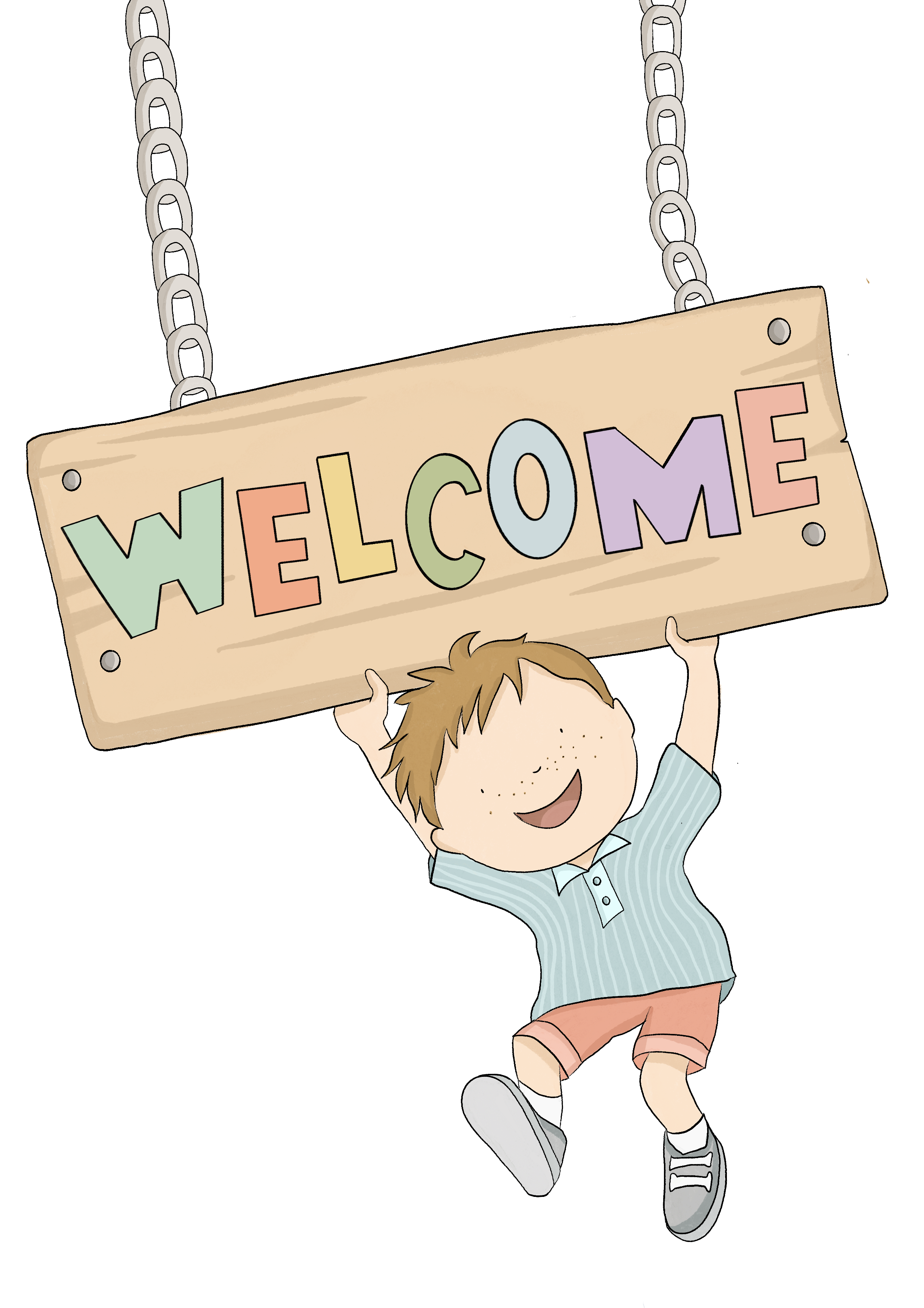 A drawing of a boy hanging off of a wooden sign that reads 'WELCOME'