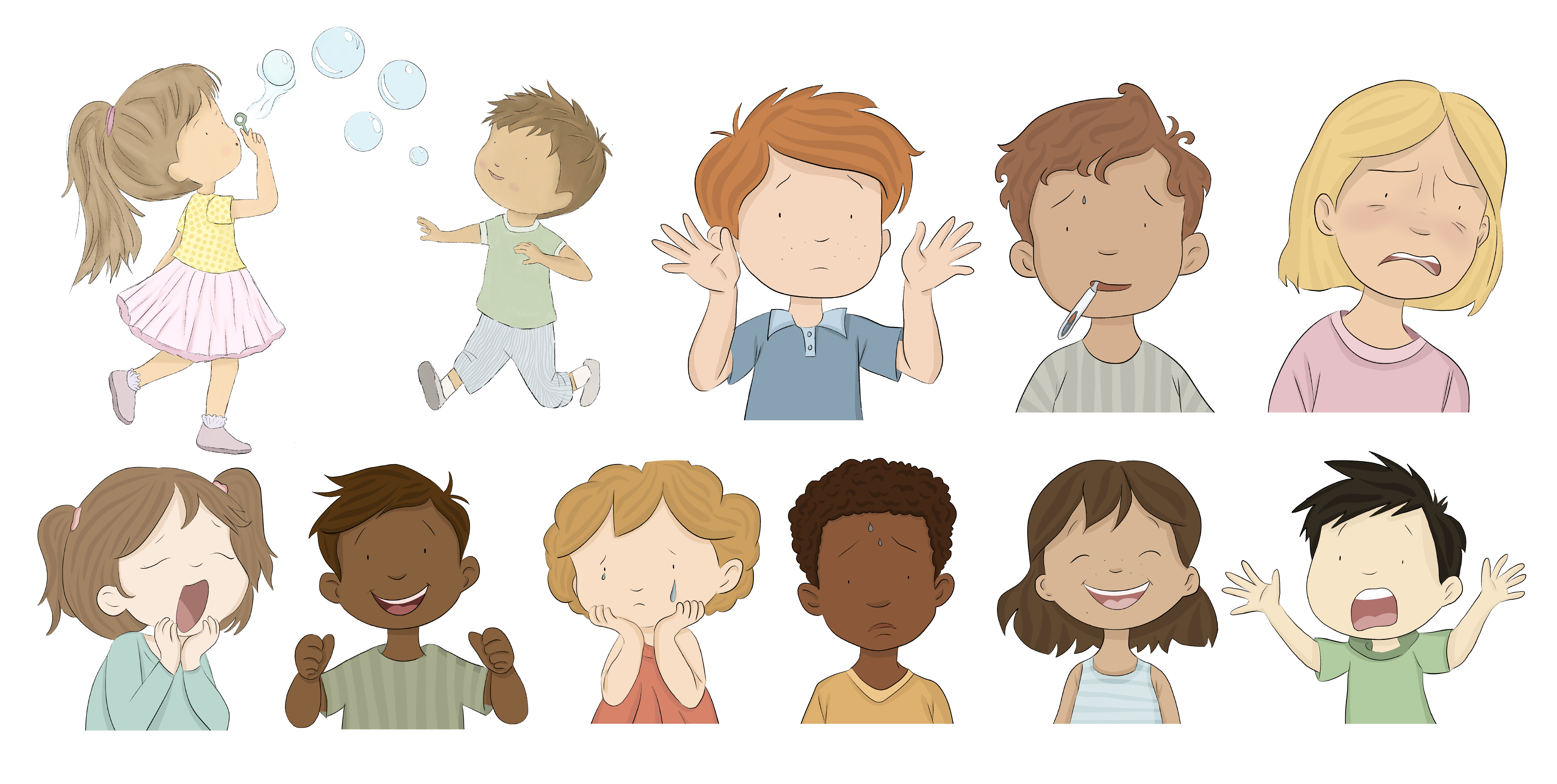 An example image of many close up heads showing the expressions Amelia can draw.