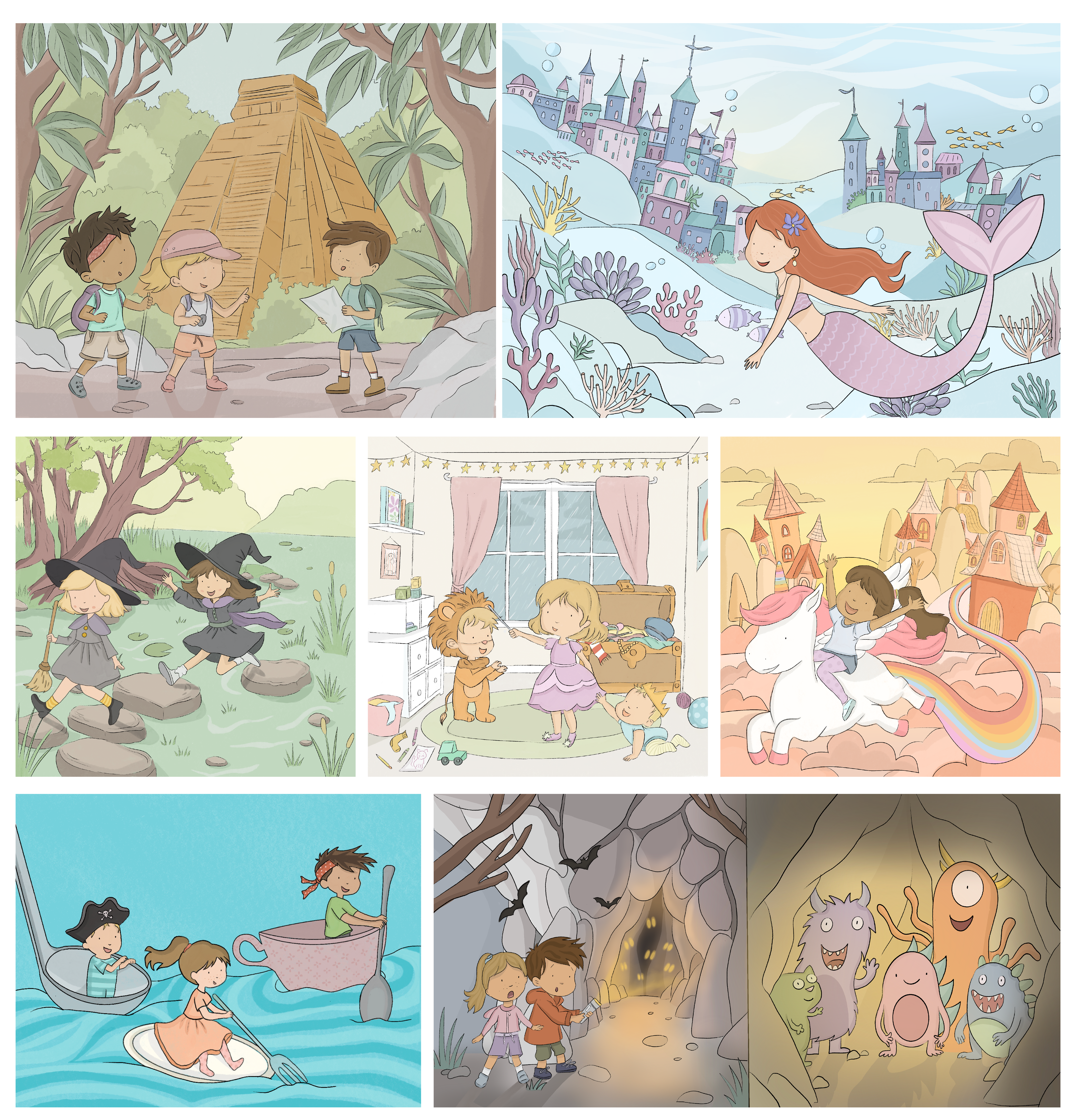 An example image compiling many different scenes. There are children playing dress up and exploring faraway places